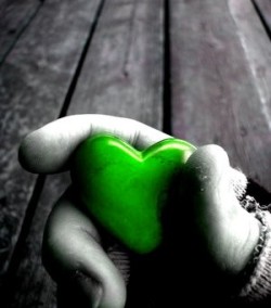Mano che stringe un sasso verde a forma di cuore