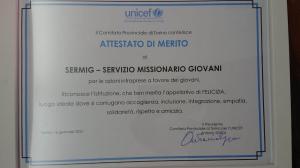 Unicef ha consegnato ad Ernesto Olivero l'Attestato di Merito per l’attività svolta a favore dei giovani di culture e Paesi diversi